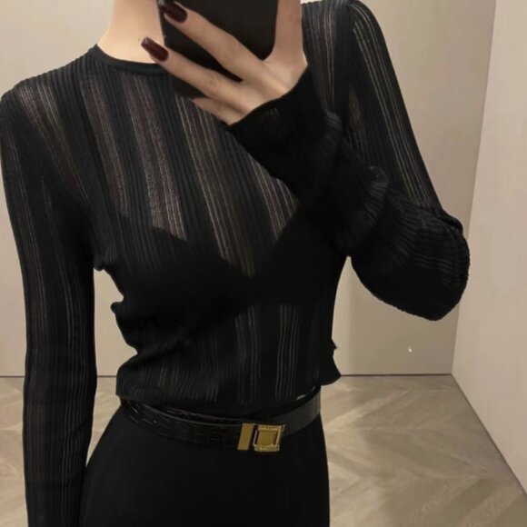 Chic Black Sheer Ribbed Knit Top - Picture 2 of 3